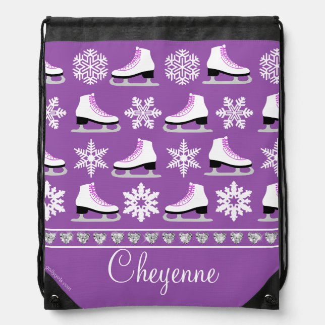Personalized Snowflakes and Figure Skates Pattern Drawstring Bag (Front)