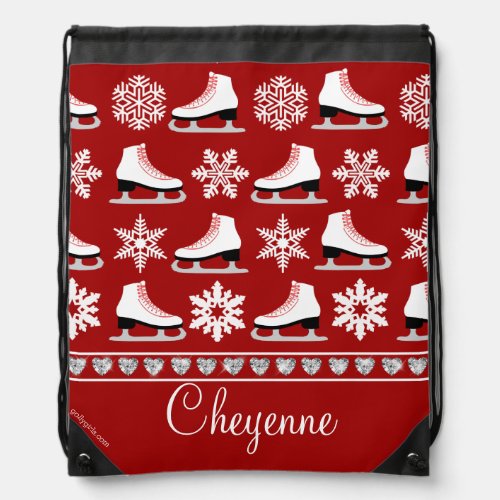 Personalized Snowflakes and Figure Skates Pattern Drawstring Bag