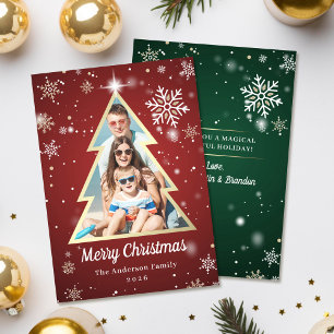Personalized Snowflakes Gold Christmas Tree Photo Holiday Card