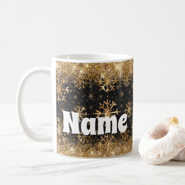 Personalized Snowflakes Gold Glitter Coffee Mug (With Donut)