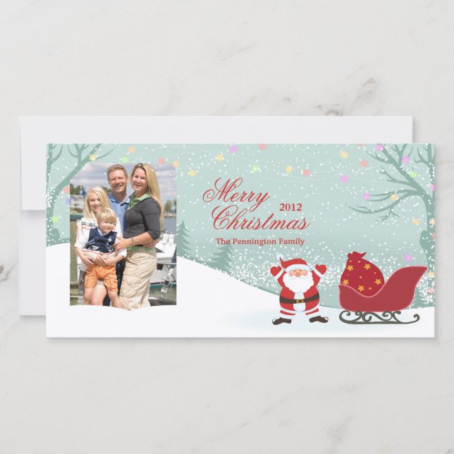 Personalized snowing Santa sleigh photo card (Front)