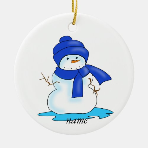 Personalized snowman blue hat  and scarf ceramic ornament