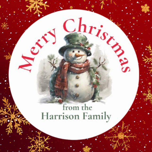 Personalized Snowman Christmas Wishes Classic Round Sticker (Spread joy this holiday season with Brett's Personalized Snowman Christmas Wishes sticker. )