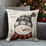 Personalized Snowman Christmas with Family Name Throw Pillow<br><div class="desc">Bring warm winter charm to your home with this personalized snowman Christmas pillow. Featuring a hand-painted rustic snowman with cozy plaid hat and scarf, soft watercolor forest details, and space to add your family name or custom text, this farmhouse-style holiday cushion makes the perfect festive accent. ❄️ Features Customizable name...</div>