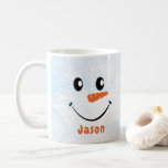 Personalized Snowman Face Holiday Christmas Coffee Mug<br><div class="desc">Personalized Snowman Face Holiday Christmas Coffee Mug with blue watercolor sky and white snowflake background.</div>