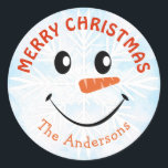 Personalized Snowman Face Merry Christmas Classic Round Sticker<br><div class="desc">Personalized Snowman Face Merry Christmas Classic Round Sticker with blue watercolor sky and white snowflake background.</div>