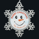 Personalized Snowman Face Snowflake Pewter Christmas Ornament<br><div class="desc">Personalized Snowman Face ornament with blue watercolor sky and white snowflake background.</div>