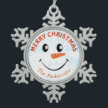 Personalized Snowman Face Snowflake Pewter Christmas Ornament<br><div class="desc">Personalized Snowman Face ornament with blue watercolor sky and white snowflake background.</div>