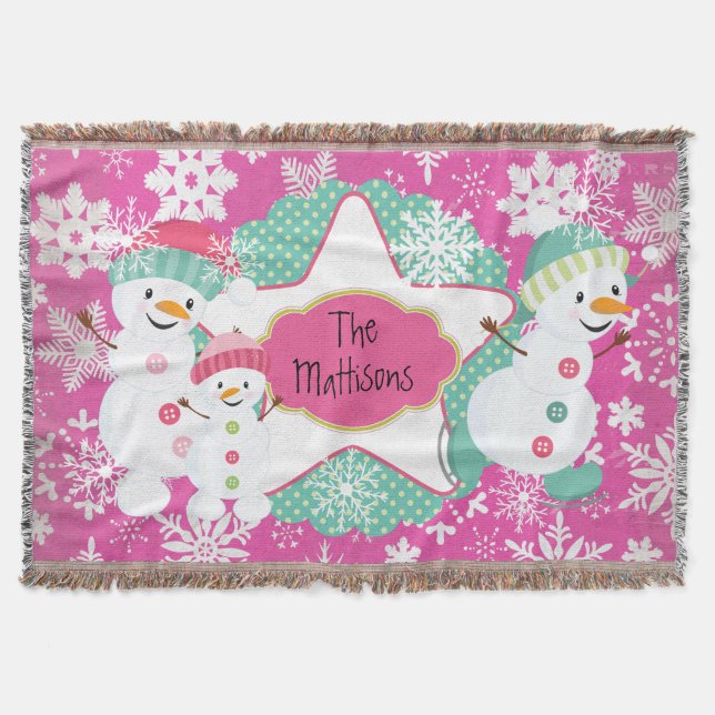 Personalized Snowman Family 3 Holiday Throw Blanket (Front)