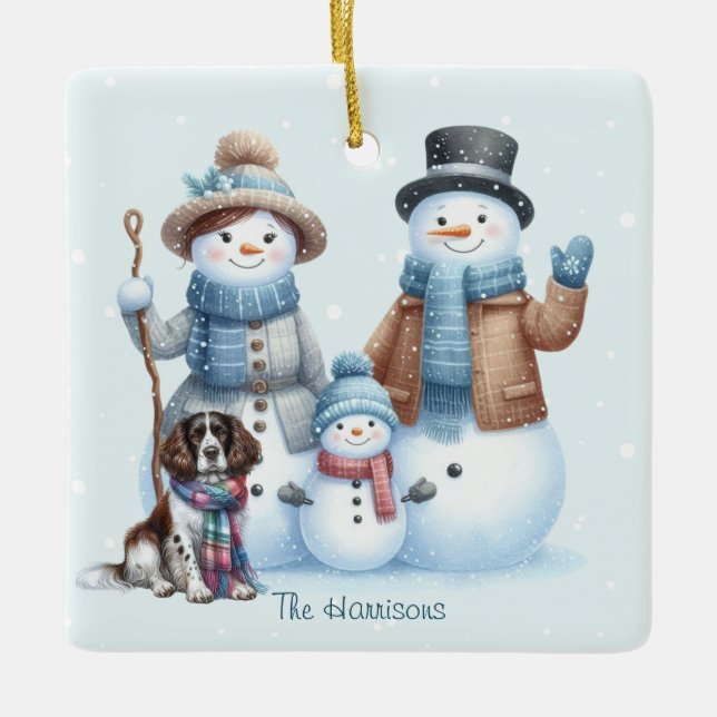 Personalized Snowman Family and Dog Ornament (Front)