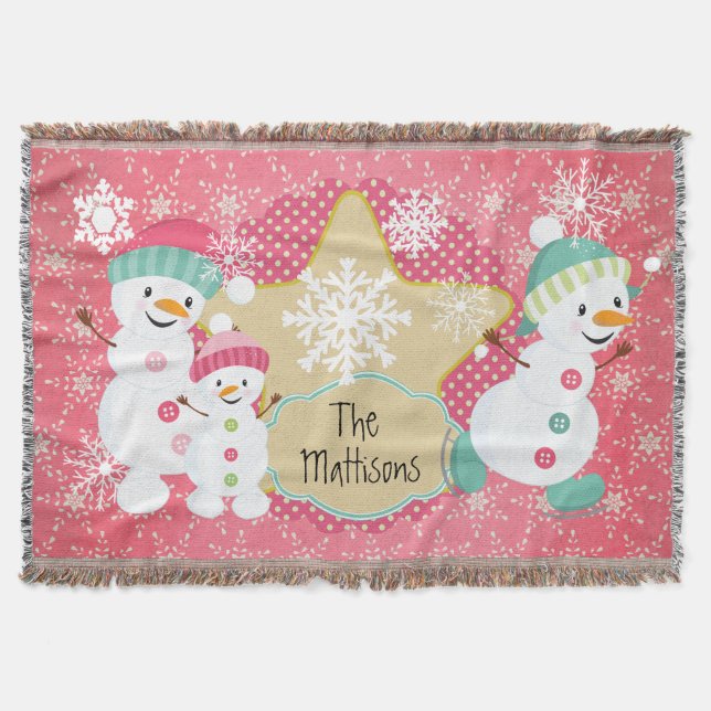 Personalized Snowman Family Holiday Throw Blanket (Front)