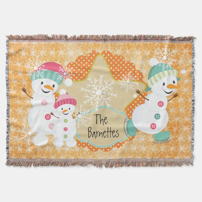 Personalized Snowman Family Holiday Throw Throw Blanket (Front)