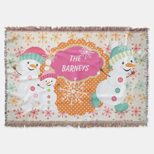 Personalized Snowman Family Holiday Throw Throw Blanket (Front)
