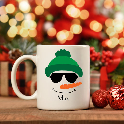 Personalized Snowman Green hat and Sunglasses Coffee Mug