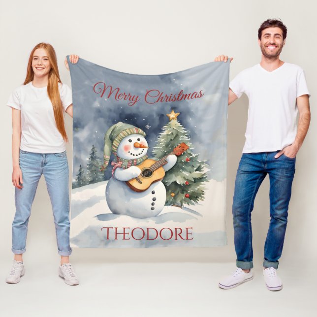 Personalized Snowman Guitar Christmas Fleece Blanket (In Situ)