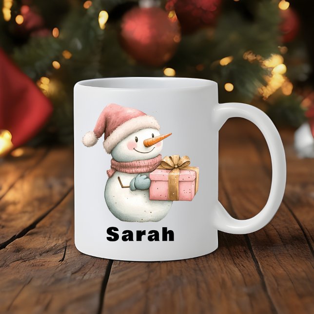 Personalized Snowman Holding Gift Custom Name Coffee Mug (Christmas Snowman Holding Gift Custom Name Coffee Mug
)