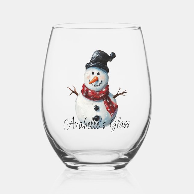 Personalized Snowman Name Christmas Stemless Wine Glass | Zazzle