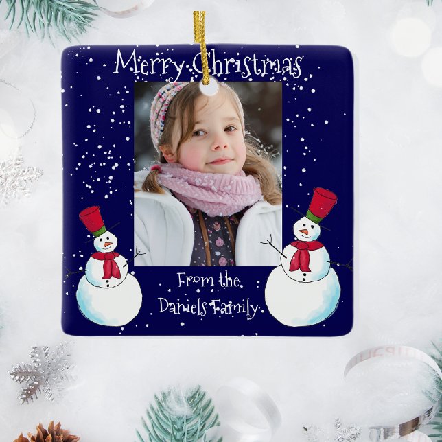 Personalized Snowman Photo Christmas Card Ceramic Ornament (Creator Uploaded)