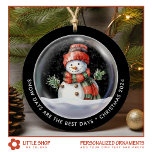 Personalized Snowman Snow Globe Photo Ceramic Ornament<br><div class="desc">Elevate your holiday decor with this personalized Christmas ornament that features a charming watercolor illustration of a snowman wearing a cozy hat and scarf, nestled inside a snow globe, and surrounded by delicate falling snow. The front includes text that says, “Snow Days are the Best Days” and “Christmas 2024, ”...</div>