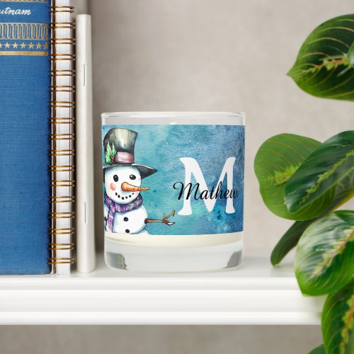 Personalized Snowman top hat watercolor monogram Scented Candle