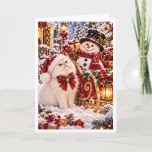 Personalized Snowman & White Persian Cat Christmas Holiday Card
