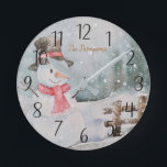 Personalized  Snowman Winter Scene Round Clock<br><div class="desc">Personalized Snowman Winter Scene Round Clock. Add personal or family name.</div>
