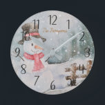 Personalized  Snowman Winter Scene Round Clock<br><div class="desc">Personalized Snowman Winter Scene Round Clock. Add personal or family name.</div>