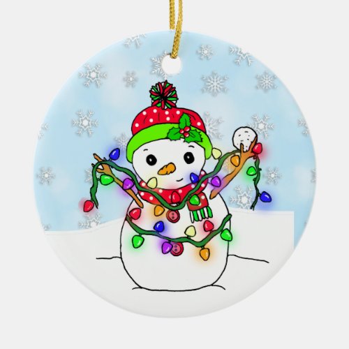 Personalized Snowman with Christmas Lights Ceramic Ornament