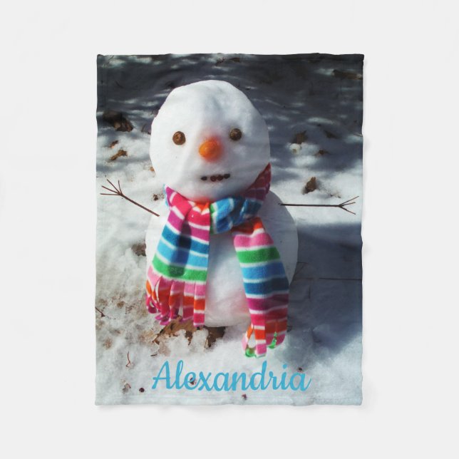 Personalized Snowman with Rainbow Scarf Fleece Bla (Front)