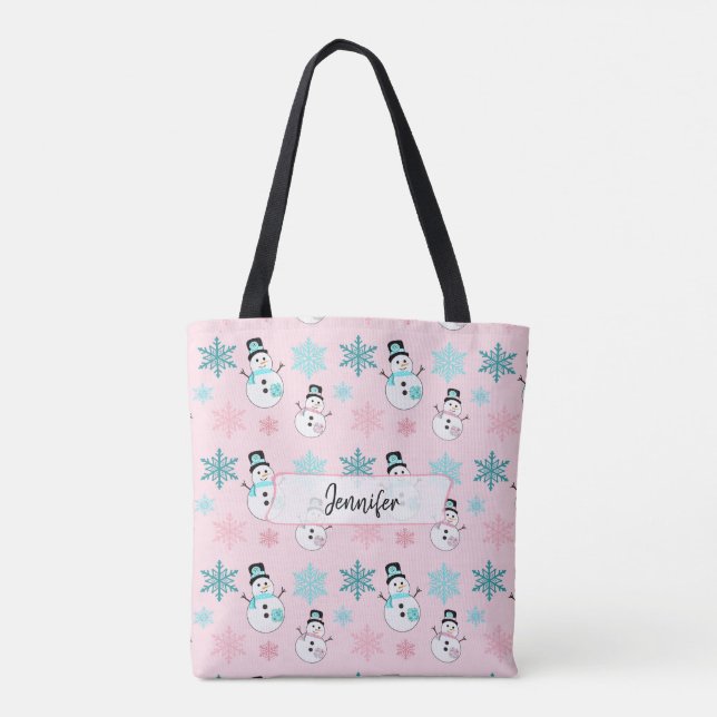 Personalized Snowmen and Snowflakes Christmas Tote Bag (Back)