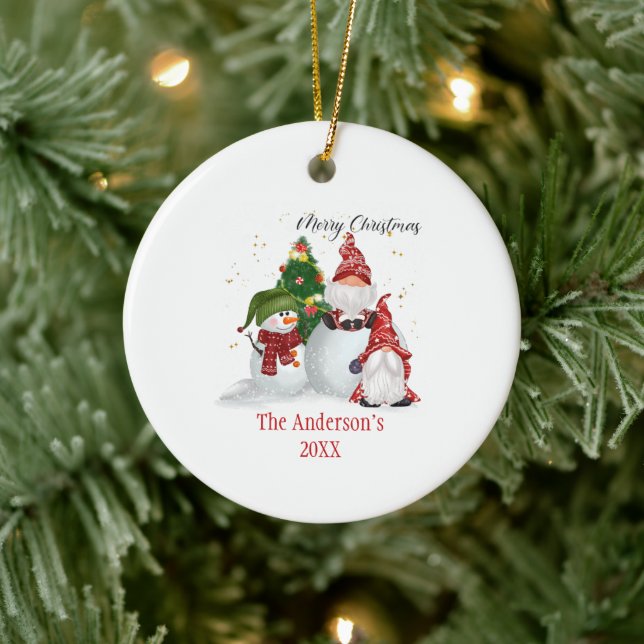 Personalized Snowmen Gnomes Christmas  Ceramic Ornament (Tree)