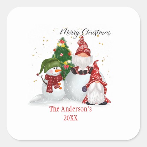 Personalized Snowmen Gnomes Christmas Square Sticker