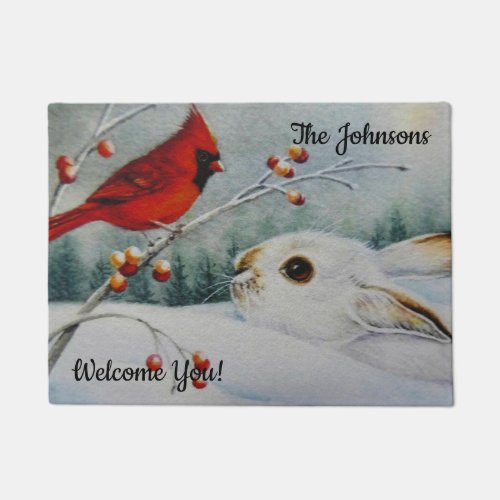 Personalized Snowshoe Rabbit  Red Cardinal Bird  Doormat
