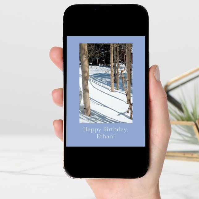 Personalized Snowy Aspens Birthday Card Template (Front Digital)