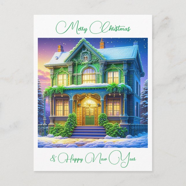 Personalized Snowy Christmas Green House Postcard (Front)
