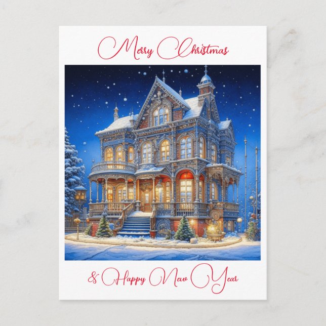 Personalized Snowy Christmas House Postcard (Front)