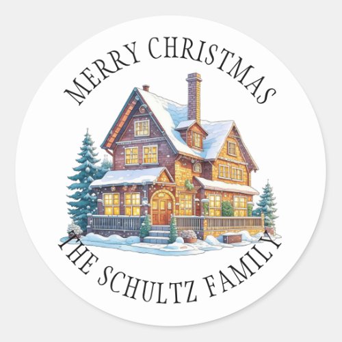 Personalized Snowy Log Cabin Christmas Classic Round Sticker