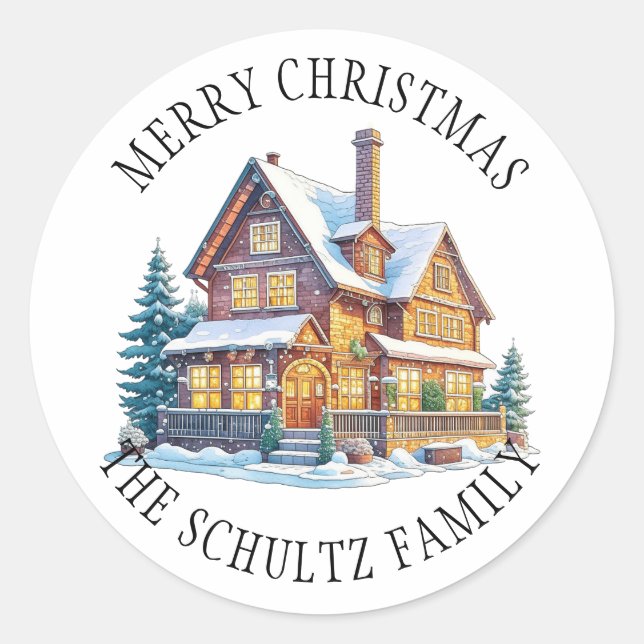 Personalized Snowy Log Cabin Christmas Classic Round Sticker (Front)