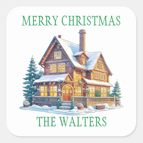 Personalized Snowy Log Cabin Christmas Square Sticker
