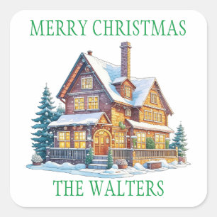 Personalized Snowy Log Cabin Christmas Square Sticker
