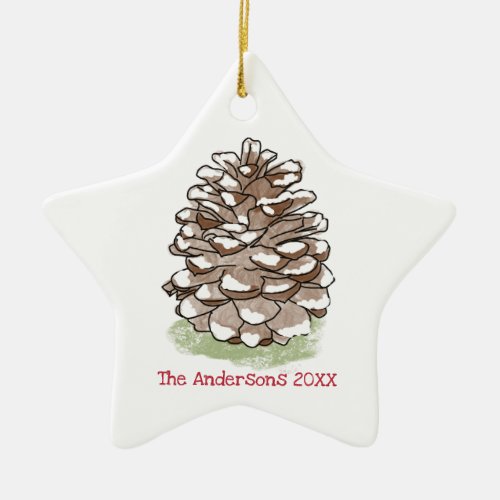 Personalized Snowy Pine Cone Ceramic Ornament