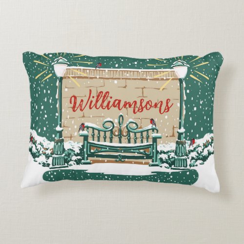 Personalized Snowy Winter Family Garden Christmas Accent Pillow