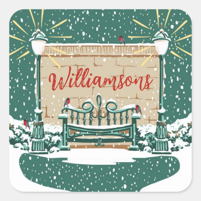 Personalized Snowy Winter Family Garden Christmas Square Sticker (Front)