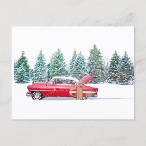 Personalized Snowy Winters Day Vintage Car       Holiday Postcard