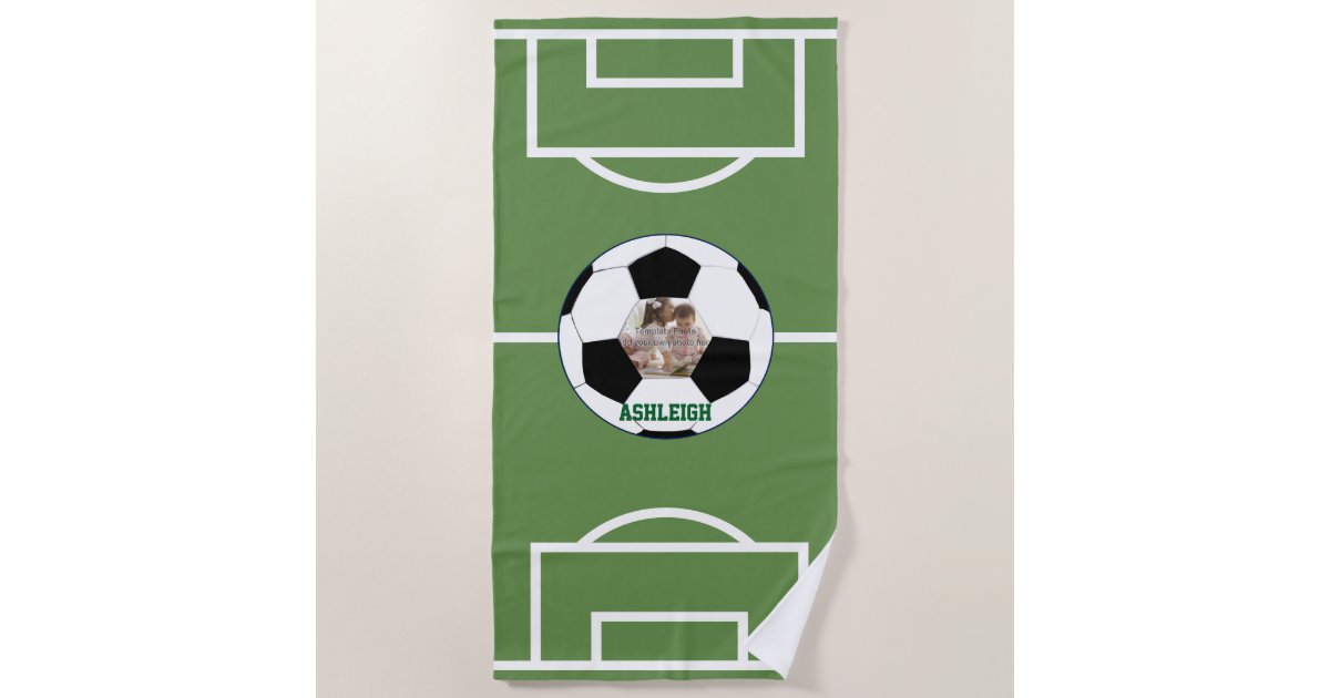 Personalized Soccer Ball And Field Photo Template Beach Towel