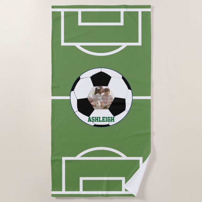 Personalized Soccer Ball and Field Photo template Beach Towel (Front)