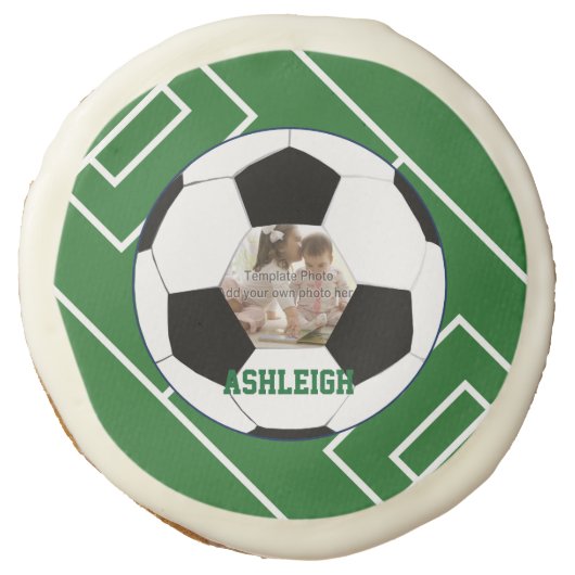 Personalized Soccer Ball and Field Photo template Sugar Cookie (Front)