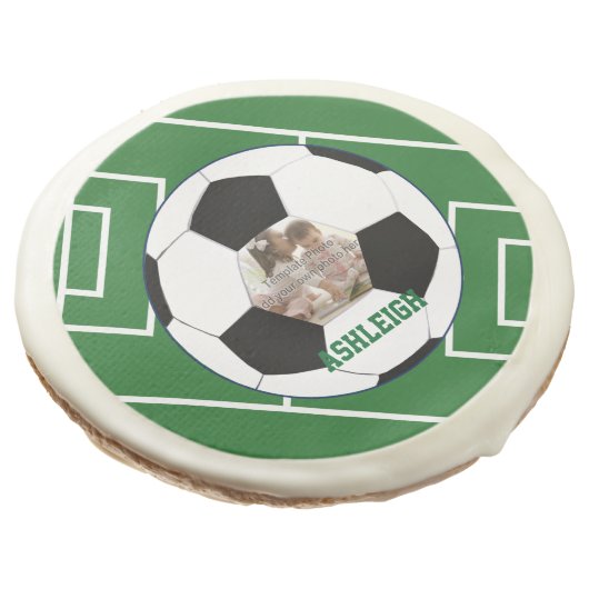 Personalized Soccer Ball and Field Photo template Sugar Cookie (Angled)