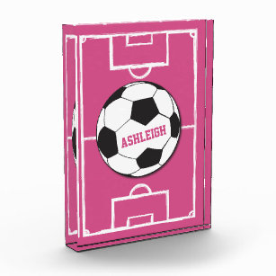 Personalized Soccer Ball and Field Pink Acrylic Award