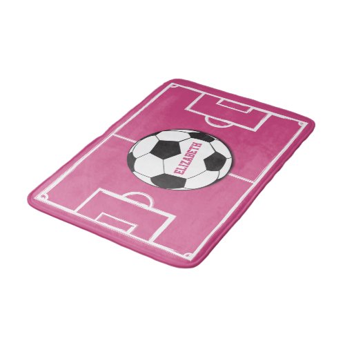 Personalized Soccer Ball and Field Pink Bath Mat